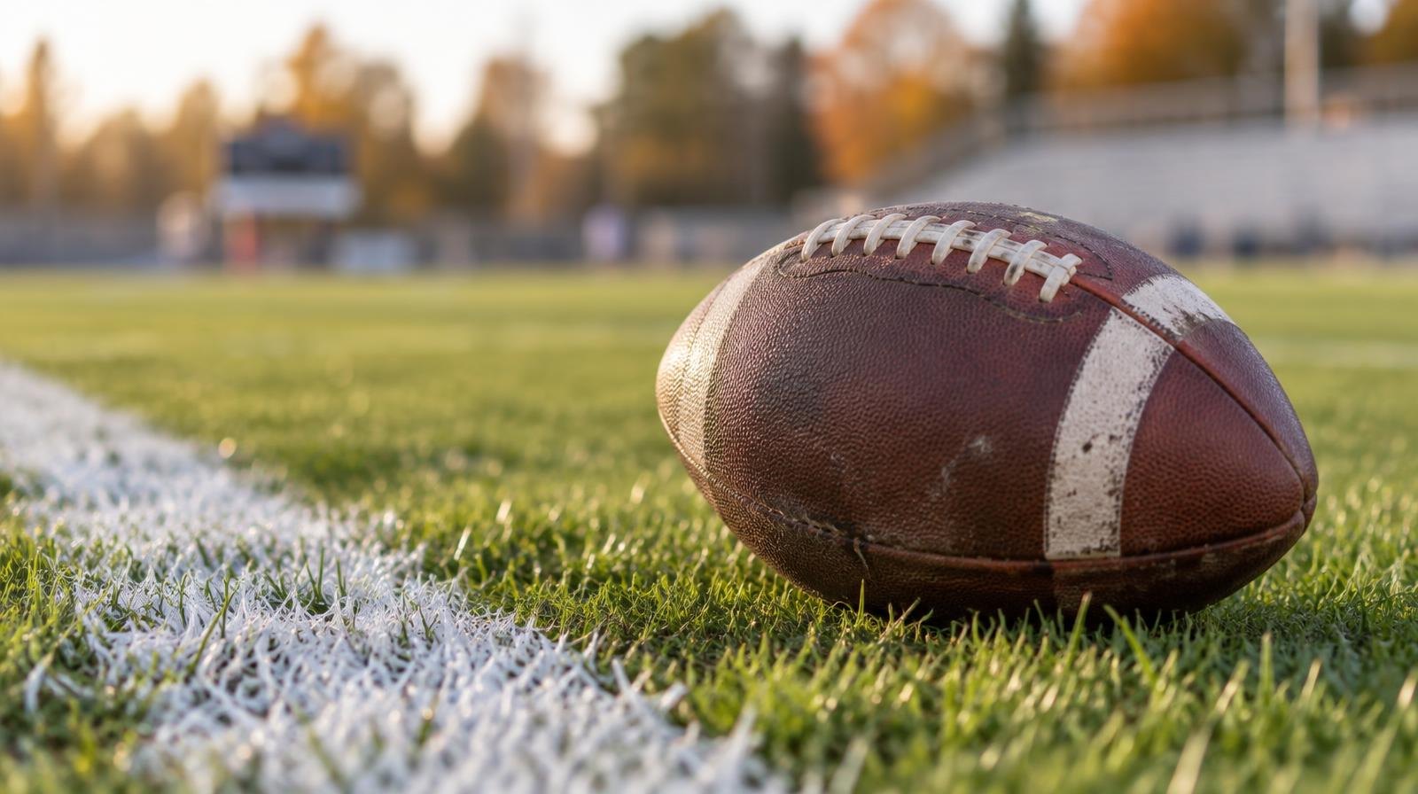 An American football resting on green grass beside a white yard line.