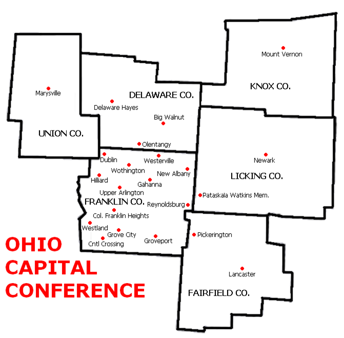 Map showing Ohio Capital Conference member school districts across central Ohio counties.