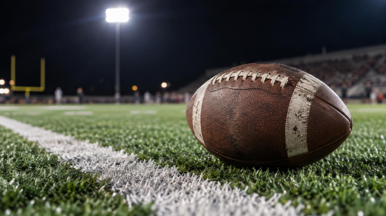 An American football on green turf beside a white yard line under bright stadium lights.