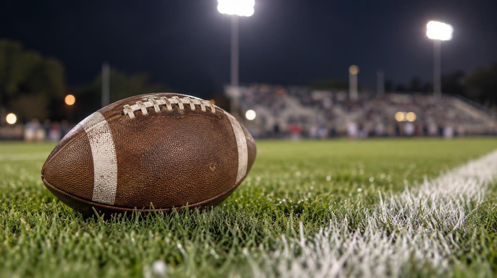 An American football resting on green grass beside a white yard line under stadium lights.