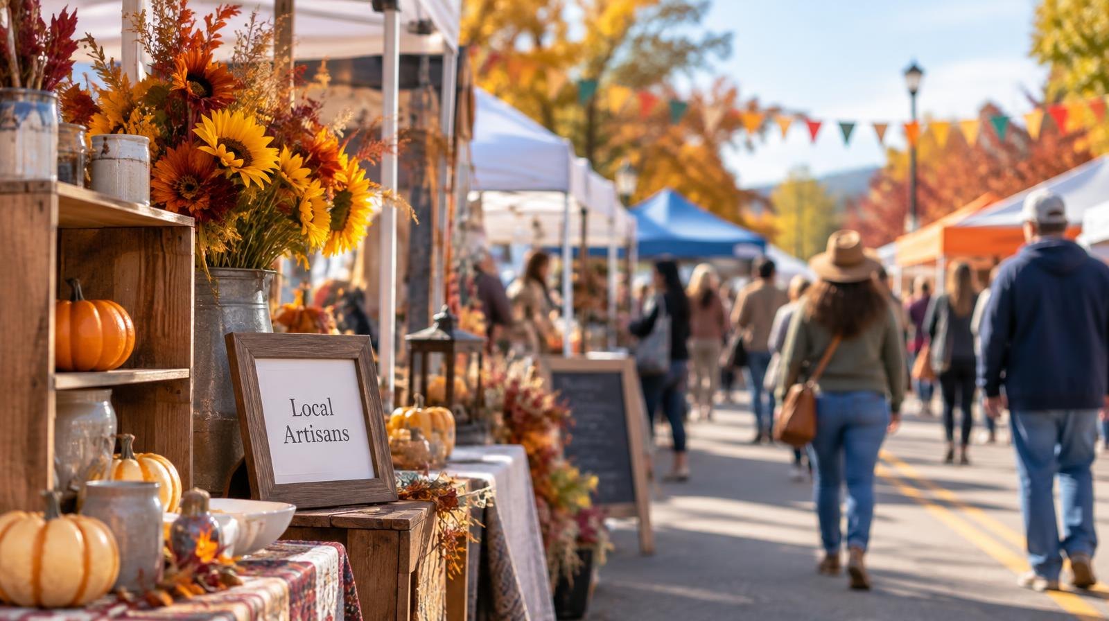 Colorful vendor tents and craft booths lining a closed street on a sunny autumn day.