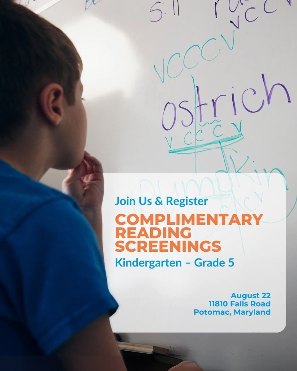Promotional flyer showing a child at a whiteboard advertising a free reading screening event.