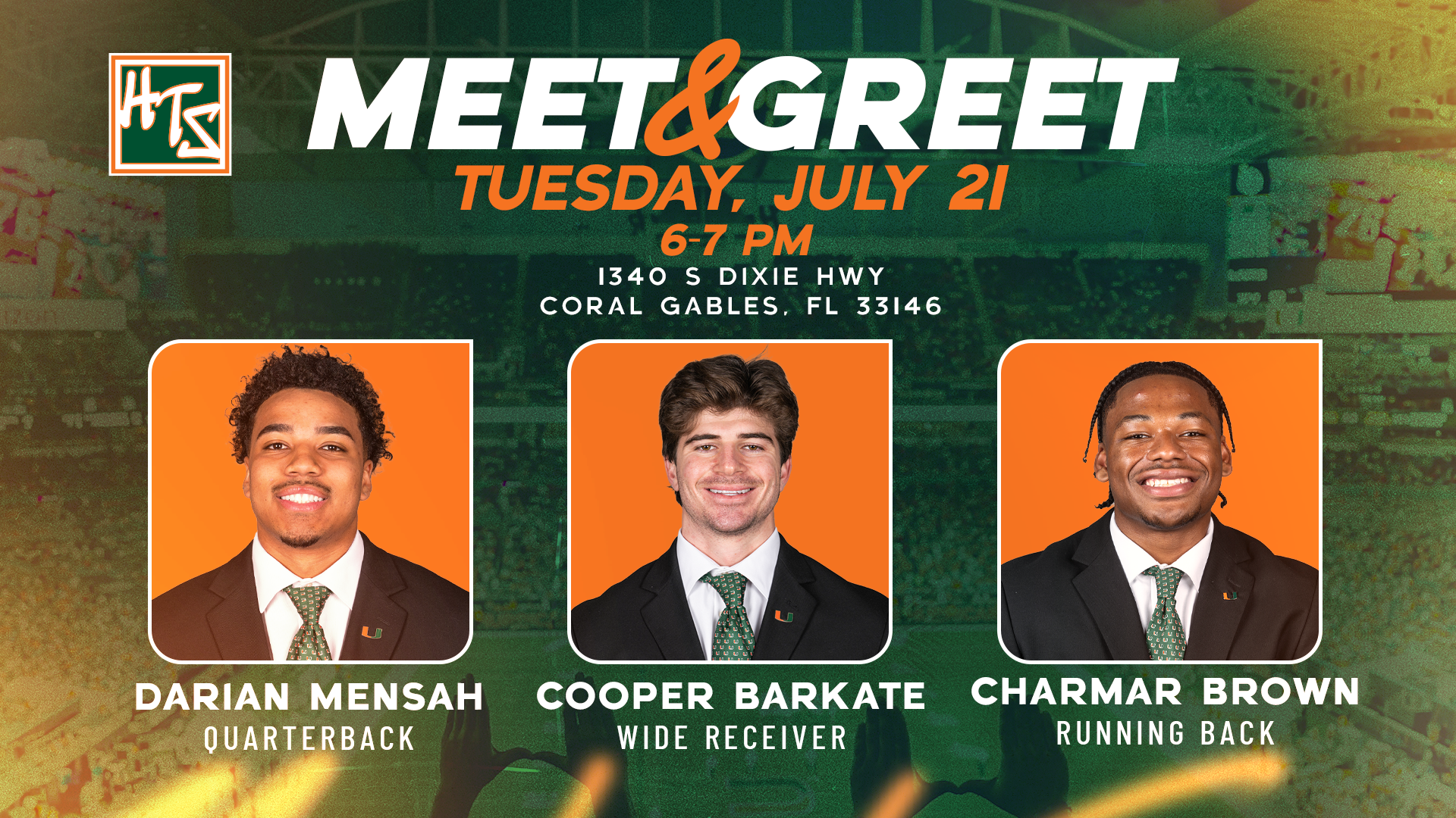 Event flyer showing headshots of three Miami Hurricanes football players on an orange background.