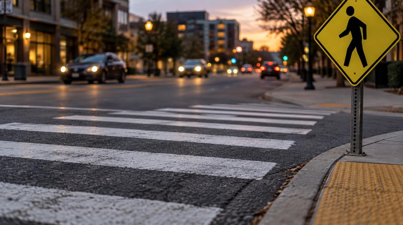 White-striped pedestrian crosswalk on a city street at dusk with a yellow warning sign.