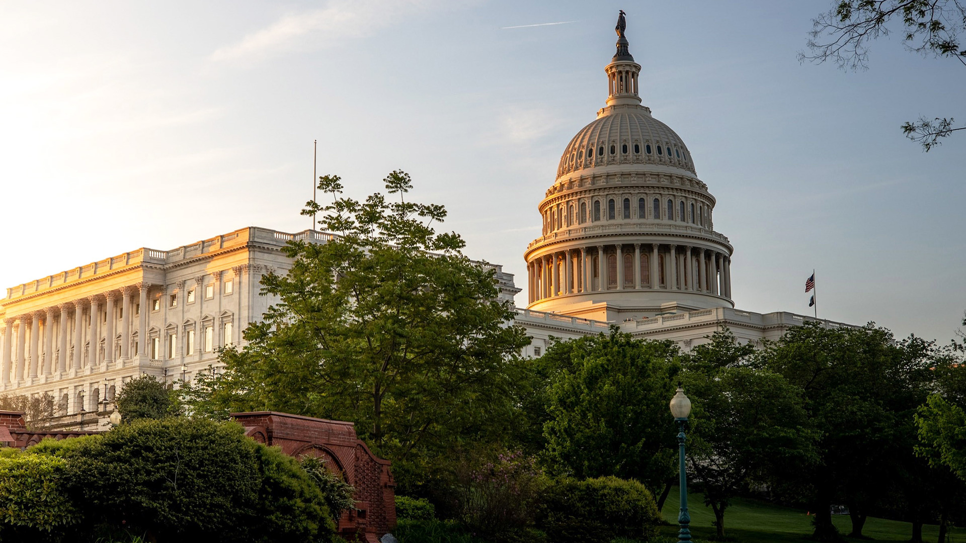 The U.S. Capitol dome illuminated by golden sunrise light, surrounded by trees.