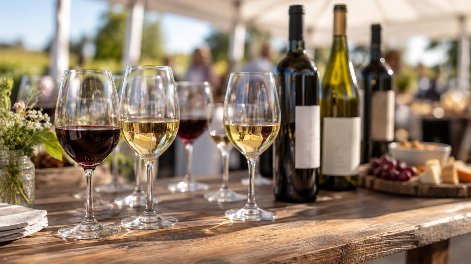 Red and white wine glasses beside uncorked bottles on a wooden table outdoors.
