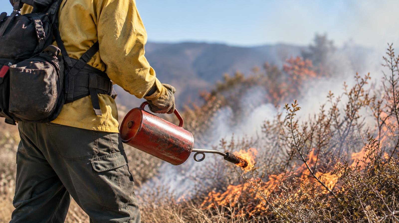 Firefighter in yellow gear holds a drip torch as shrubs burn and smoke rises on a hillside.