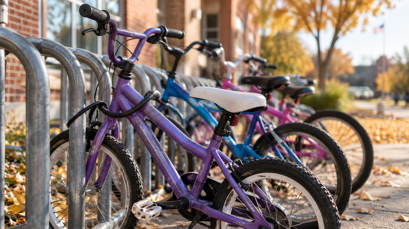 A row of colorful children's bicycles locked to a metal rack outside a school.