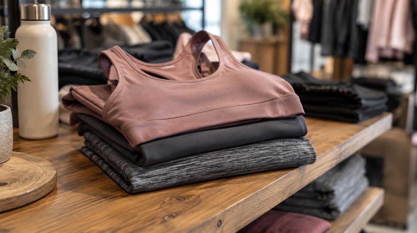 Neatly folded athletic leggings and a sports top stacked on a wooden retail shelf.