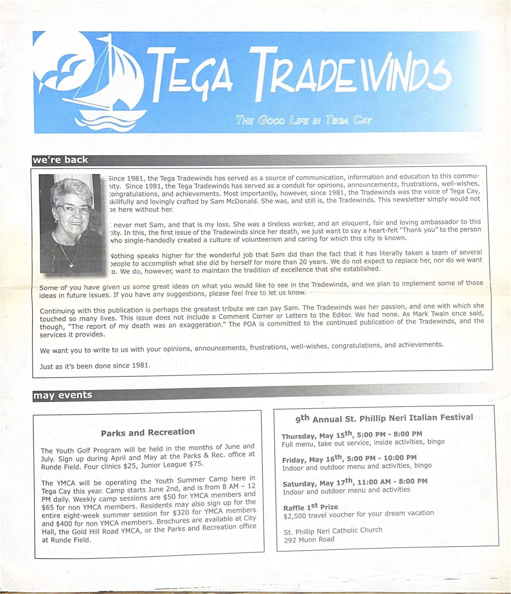 Front page of a community newsletter with a sailboat masthead logo and tribute text.