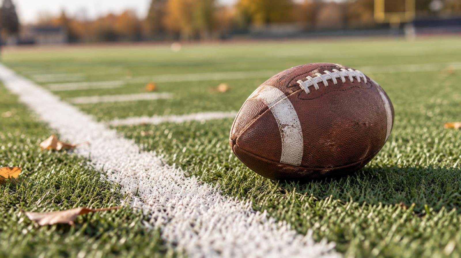 An American football resting on green artificial turf beside a white yard line.