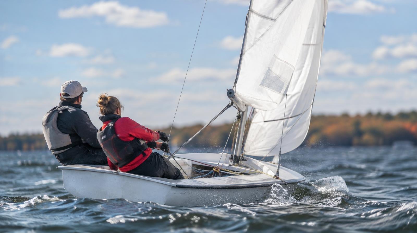 Small two-person sailing dinghy heeling on open water with white sail full of wind.