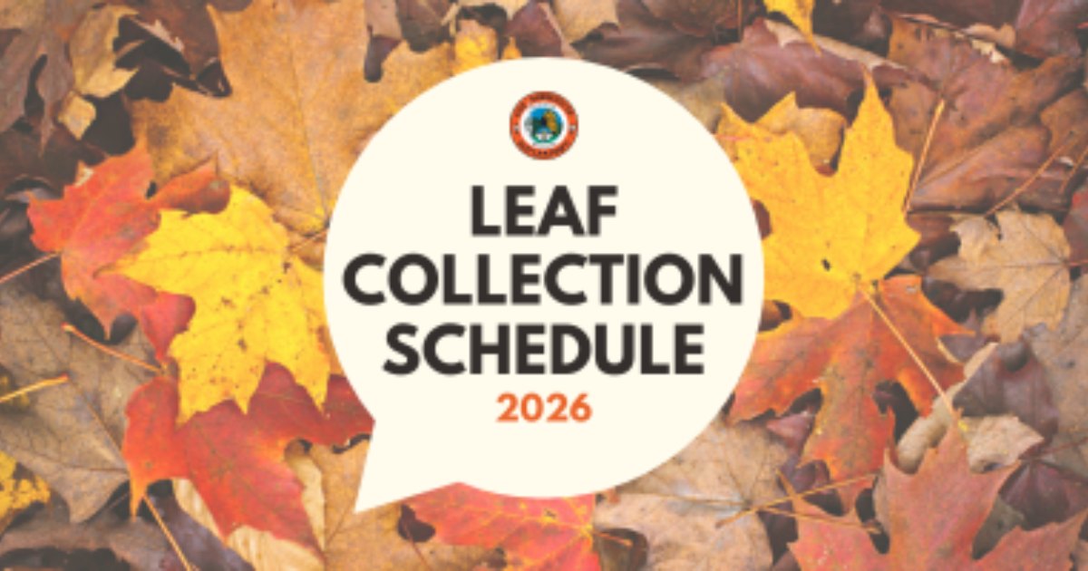 Graphic reading 'Leaf Collection Schedule 2026' over a background of colorful autumn leaves.