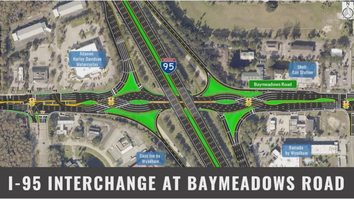 Aerial rendering of a proposed diverging diamond interchange at a highway intersection with green highlighted lanes.