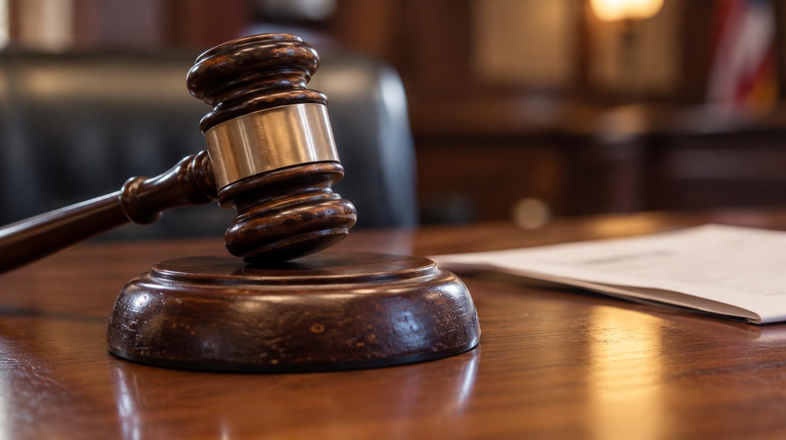 Wooden gavel resting on its sound block on a polished wood surface.