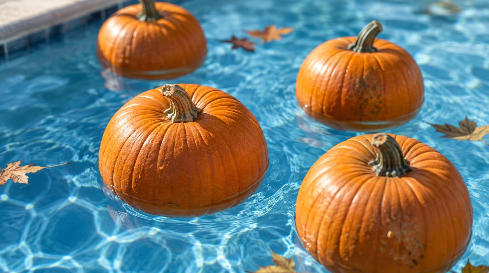 Orange pumpkins floating on the surface of a blue swimming pool.