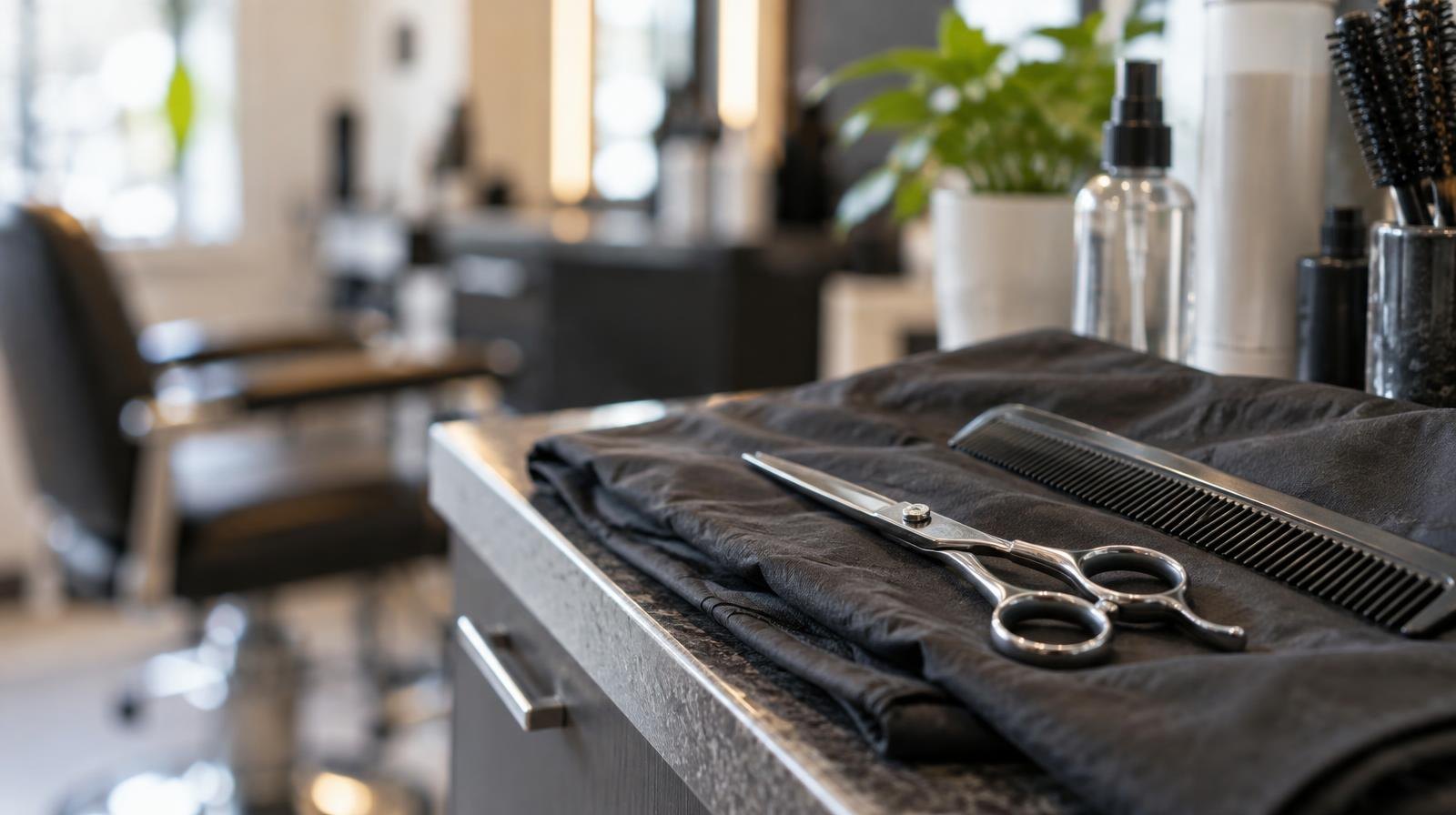 Haircutting scissors and a comb resting on a folded barber's cape on a salon counter.