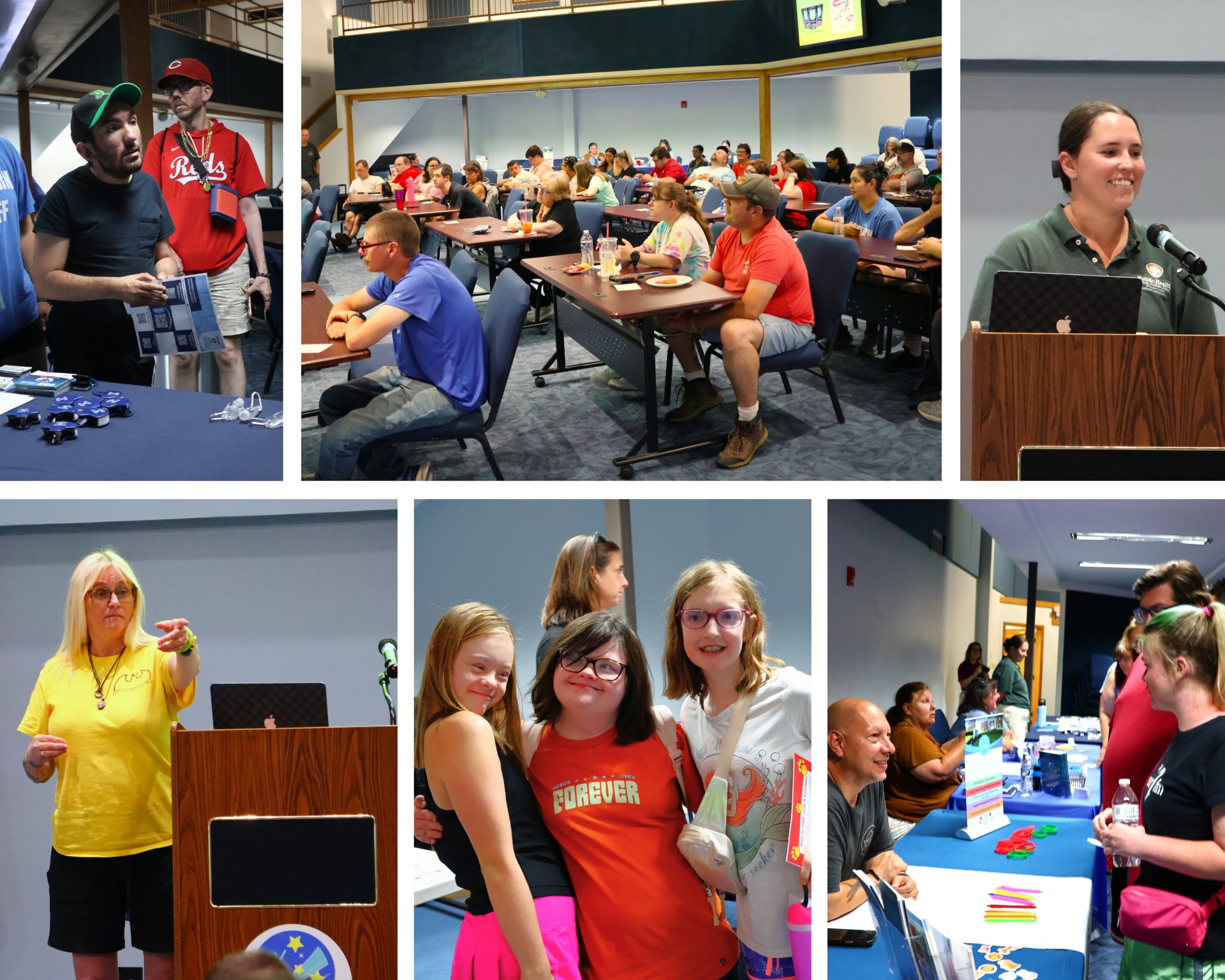 Collage of six photos showing presenters at podiums, seated attendees, and an information booth at a community safety event.