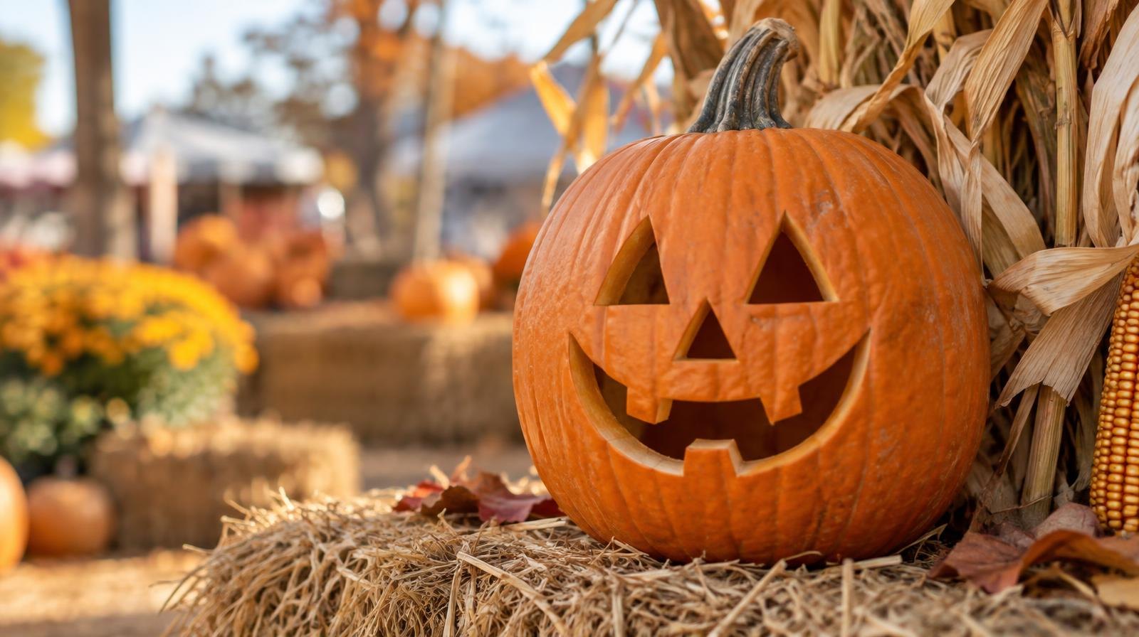 A carved jack-o'-lantern pumpkin on a hay bale surrounded by autumn leaves and corn stalks.