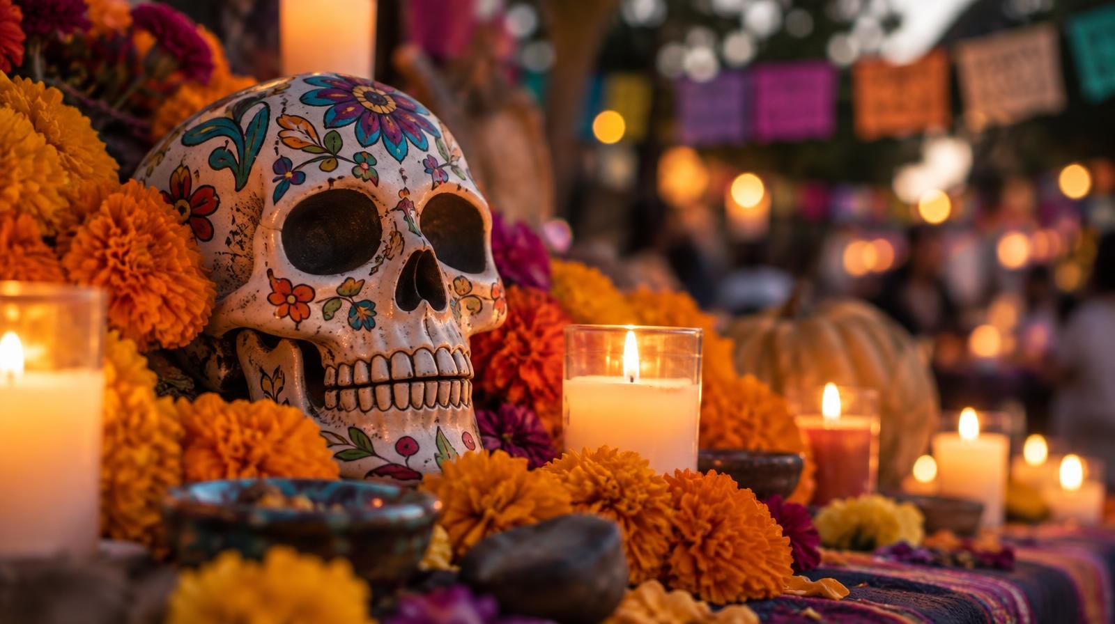 Colorful sugar skull with marigold flowers and glowing candles arranged around it.