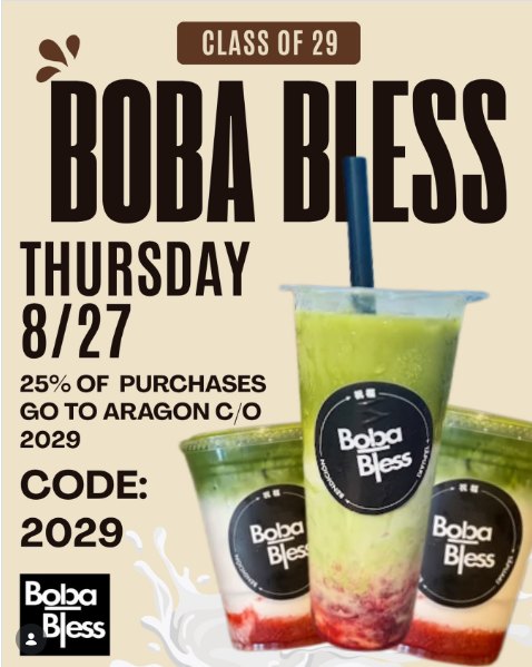 Fundraiser flyer showing three layered boba drinks in branded cups with event details.