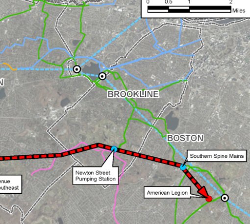 Satellite map showing colored water infrastructure routes through Brookline and Boston.