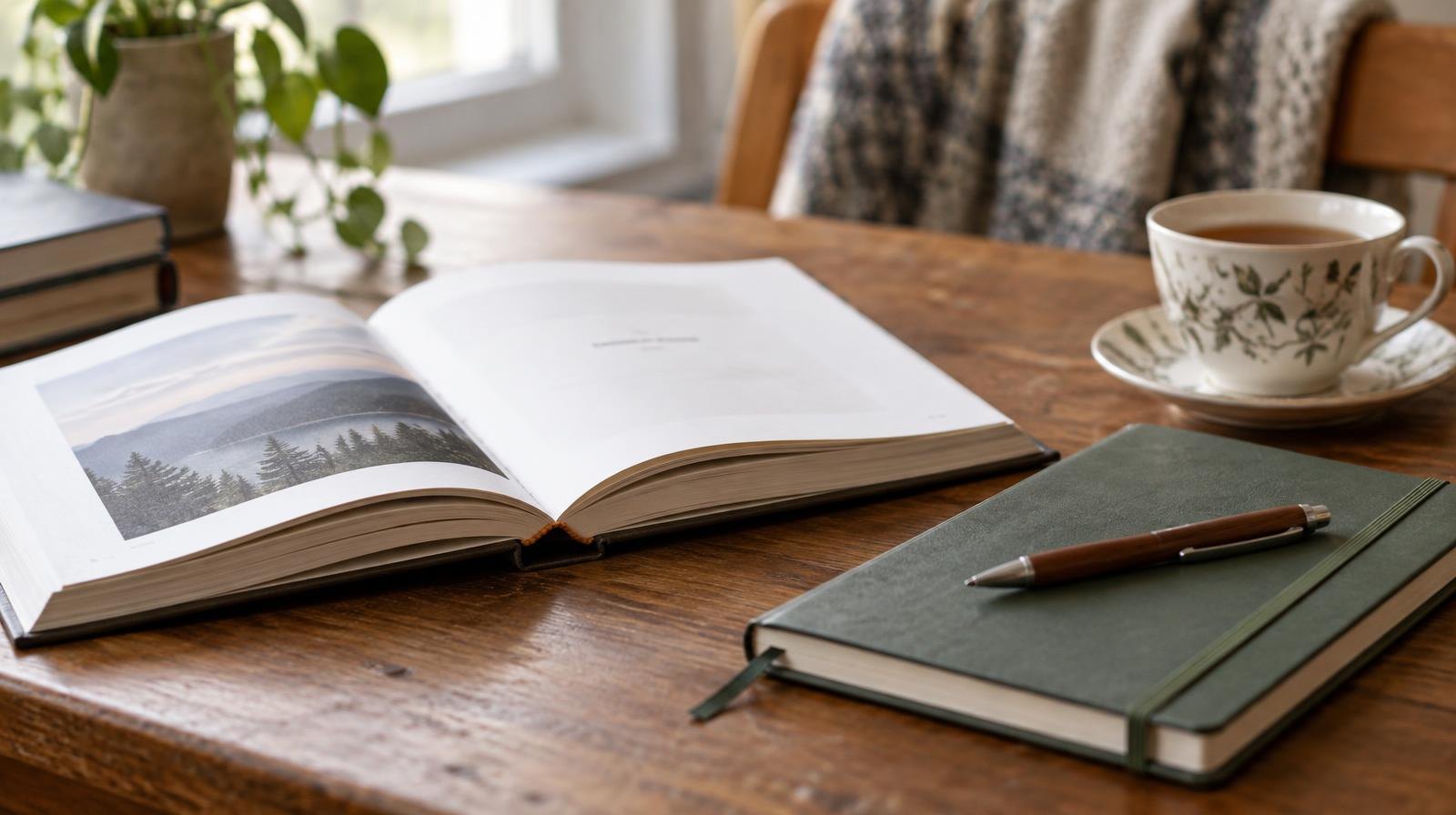 Open book, notebook, pen, and teacup arranged on a wooden table.