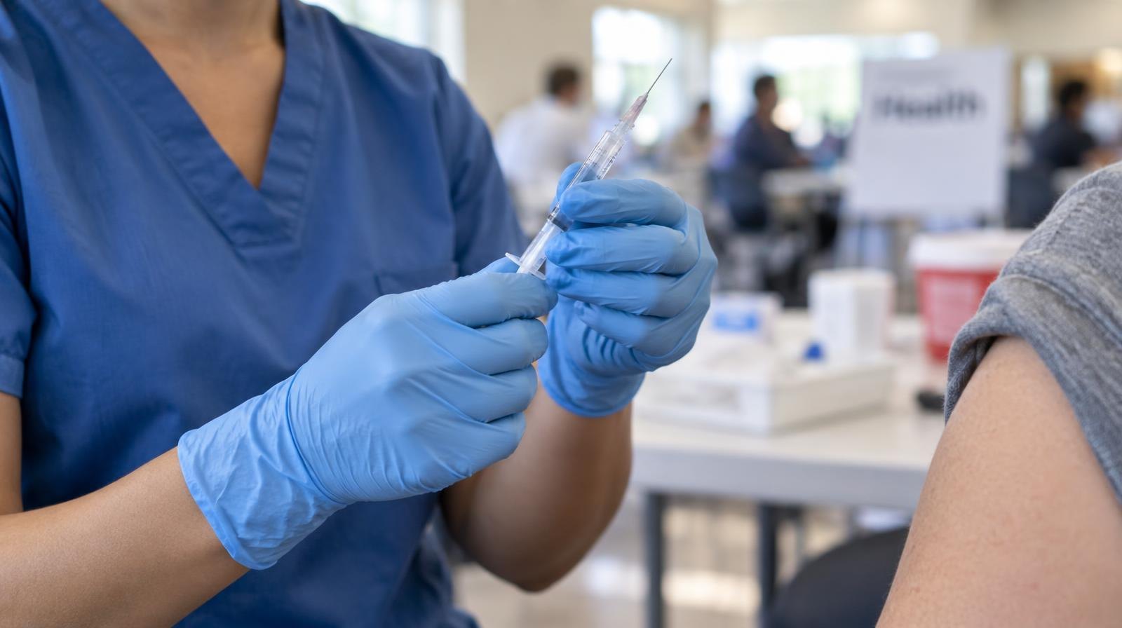 A gloved hand holds a pre-filled syringe with flu vaccine.