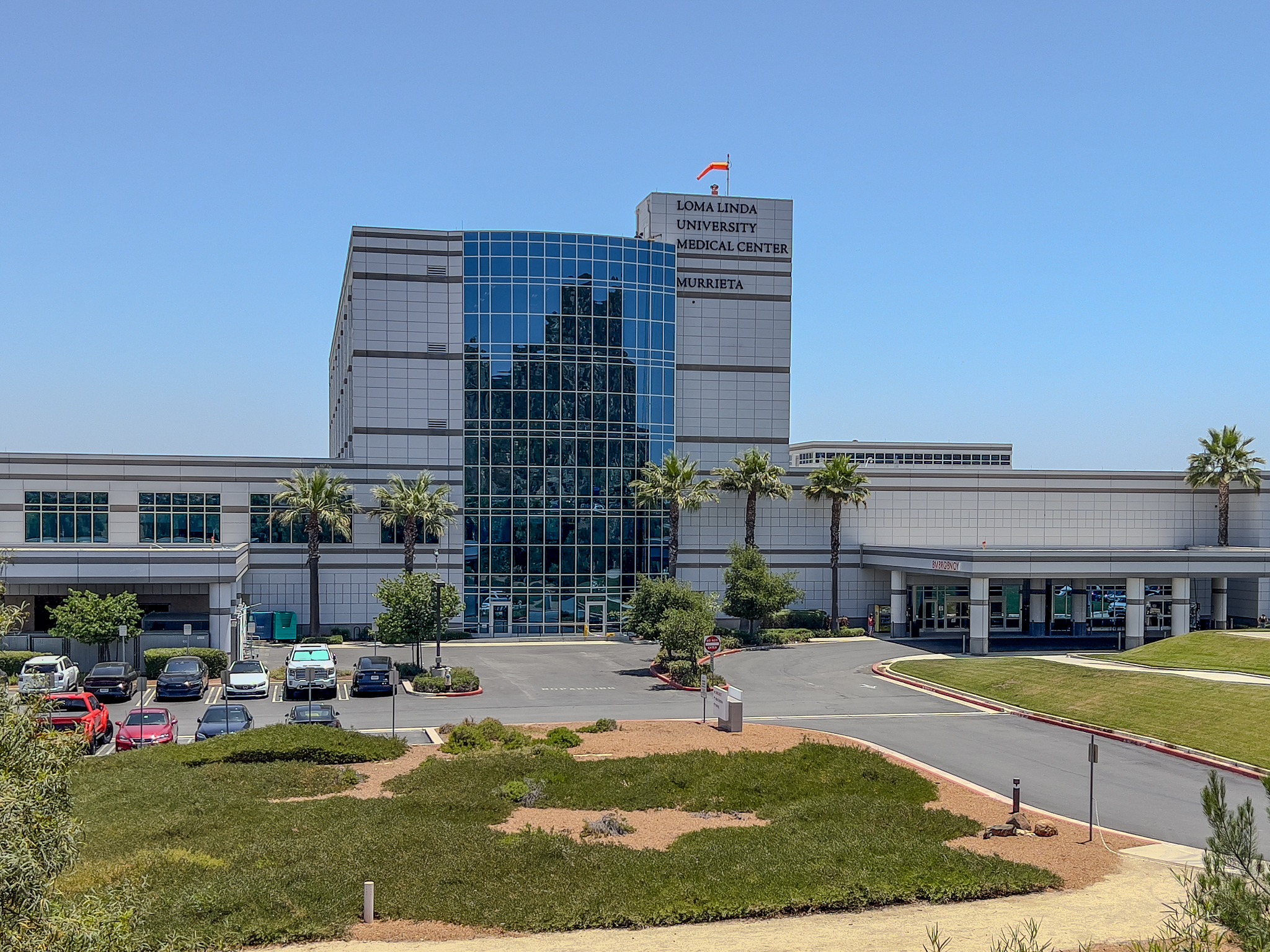 Multi-story glass and concrete hospital building with palm trees and a parking lot in front.