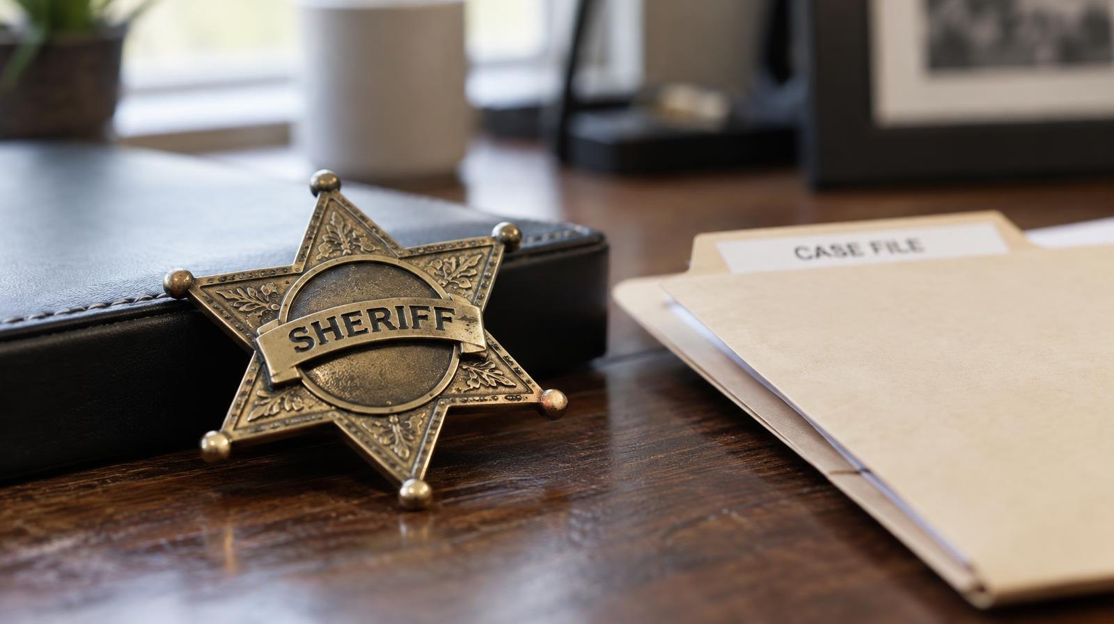 A sheriff's badge resting on a wooden desk next to a manila case folder.