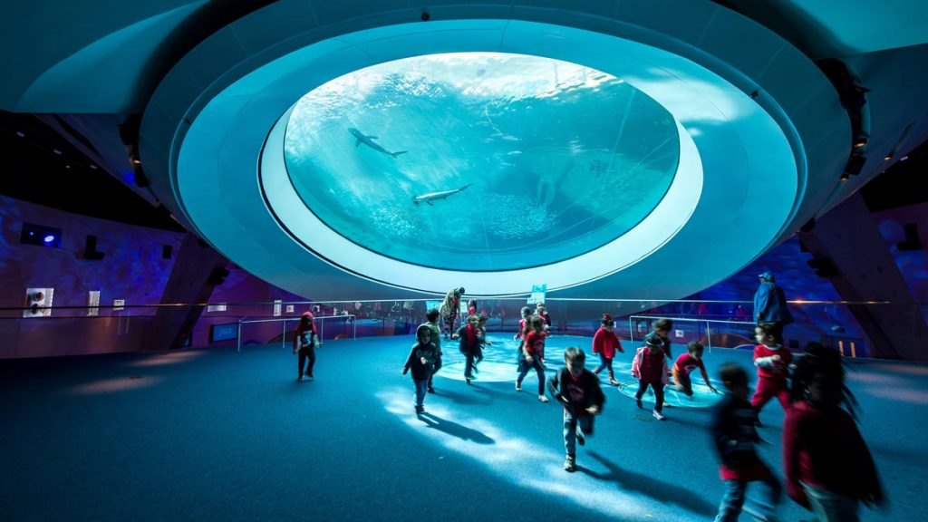 Children running beneath a large circular overhead aquarium with sharks swimming above in blue-lit museum hall.