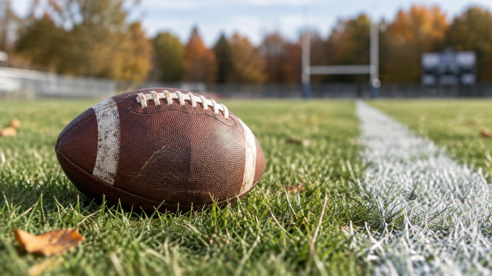 An American football resting on green grass next to a white yard line.