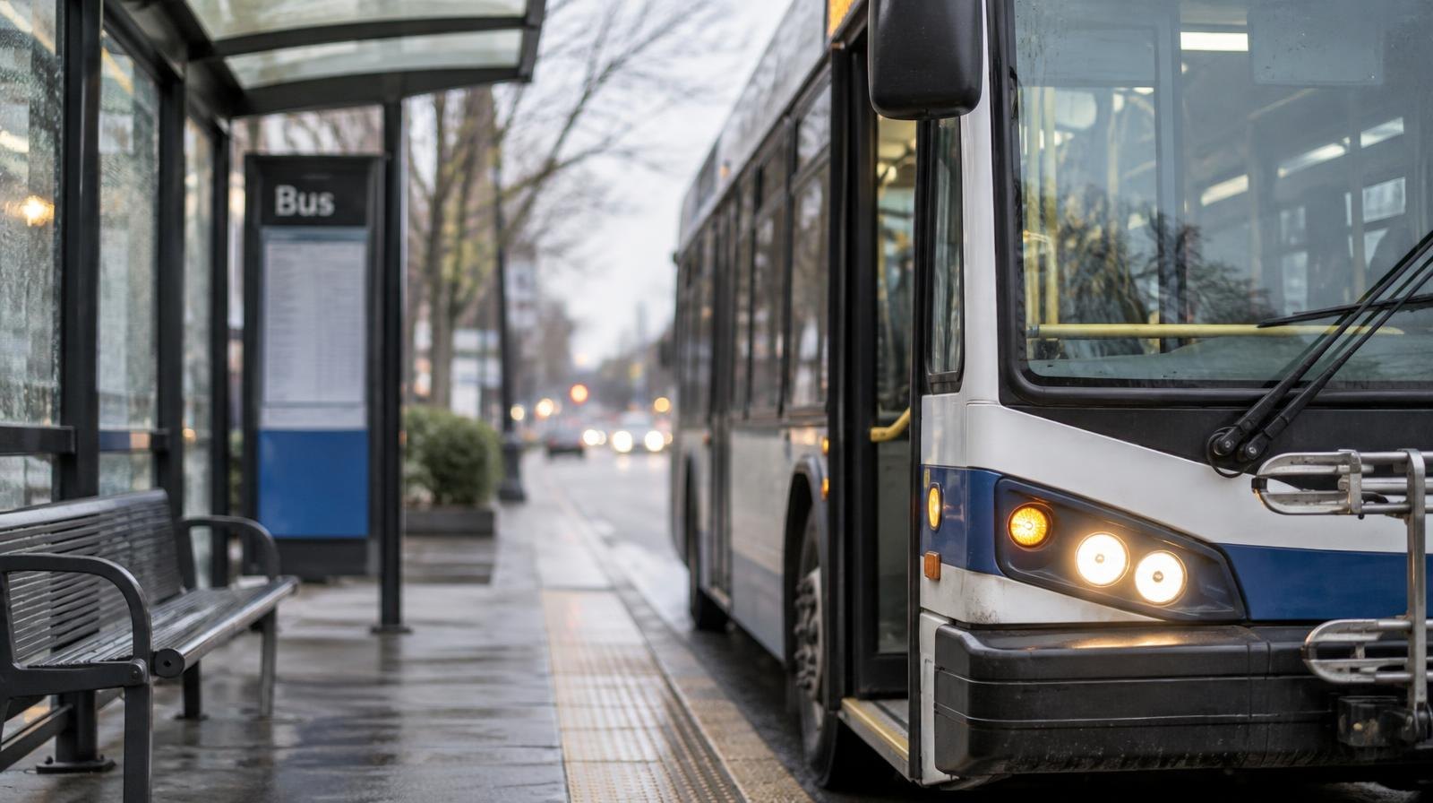 A transit bus stopped at a covered urban bus shelter on a cloudy day.