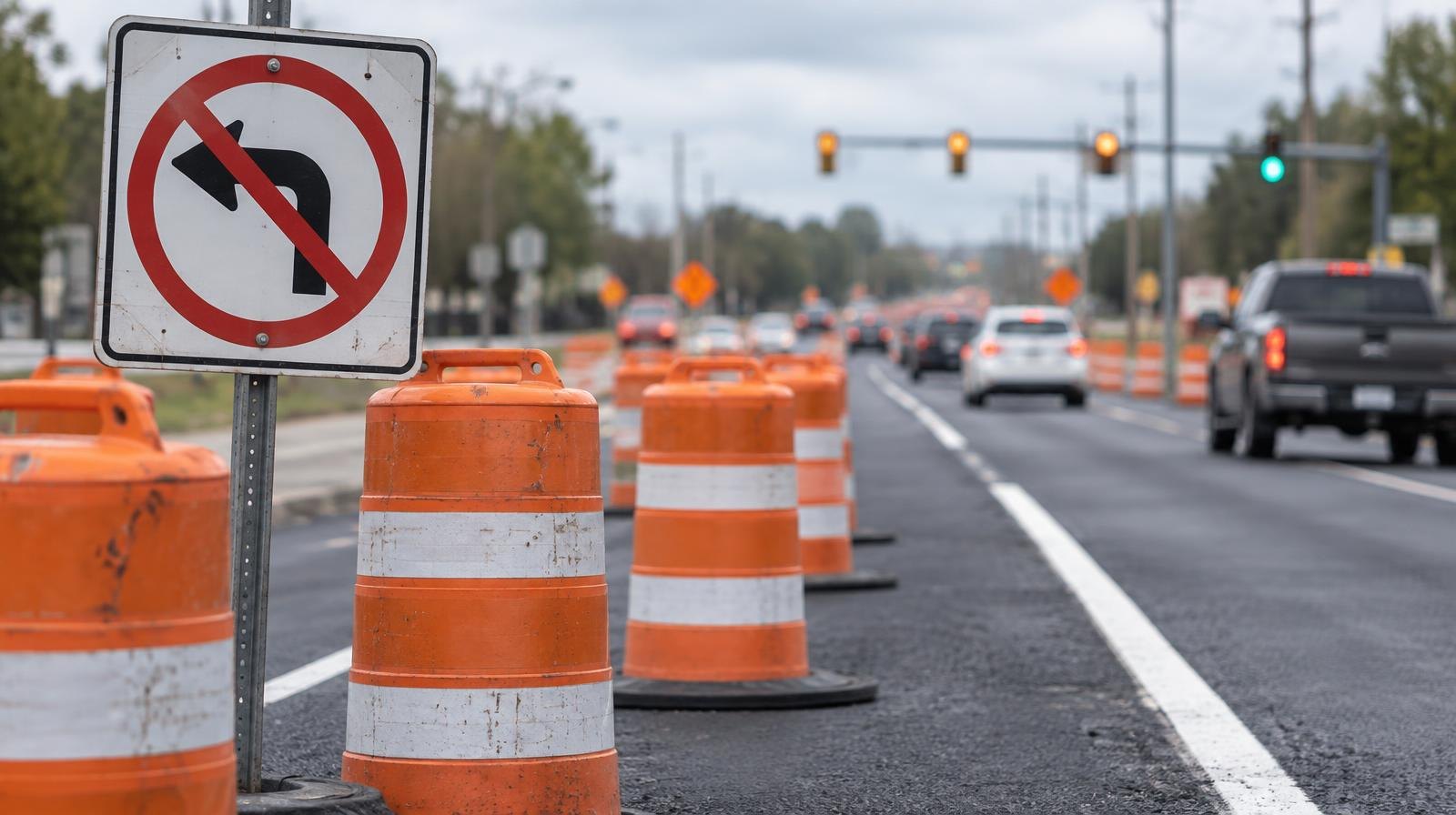 Orange construction barrels and a no-left-turn sign along a freshly paved multi-lane road.