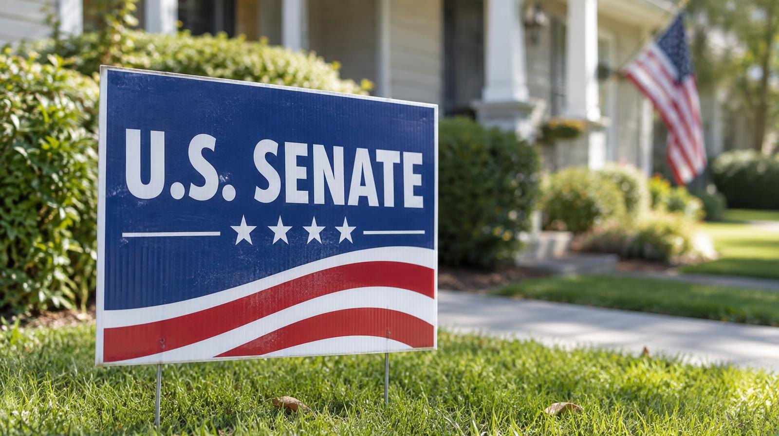 A campaign yard sign planted in a green lawn in front of a suburban house.