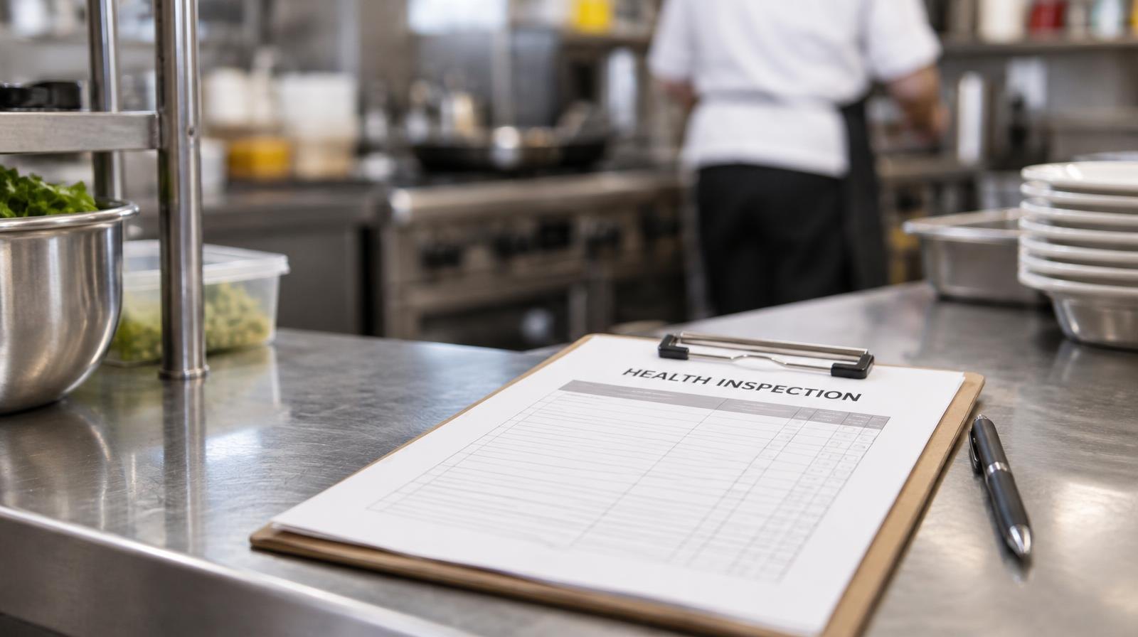 A clipboard with a score sheet on a stainless steel kitchen counter beside a pen.