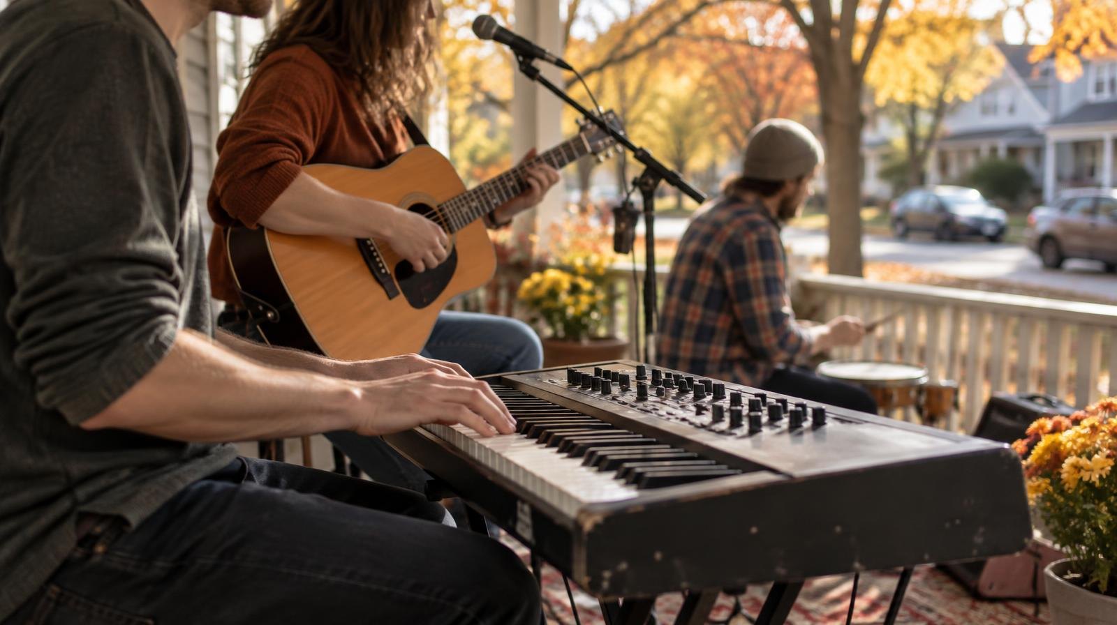 Band with keyboard and guitar playing on a wooden residential porch.