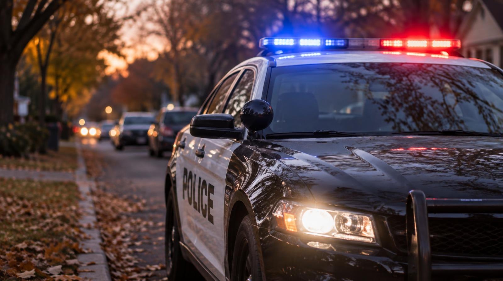 Police patrol car with red and blue lights on, parked on a leaf-strewn street at dusk.