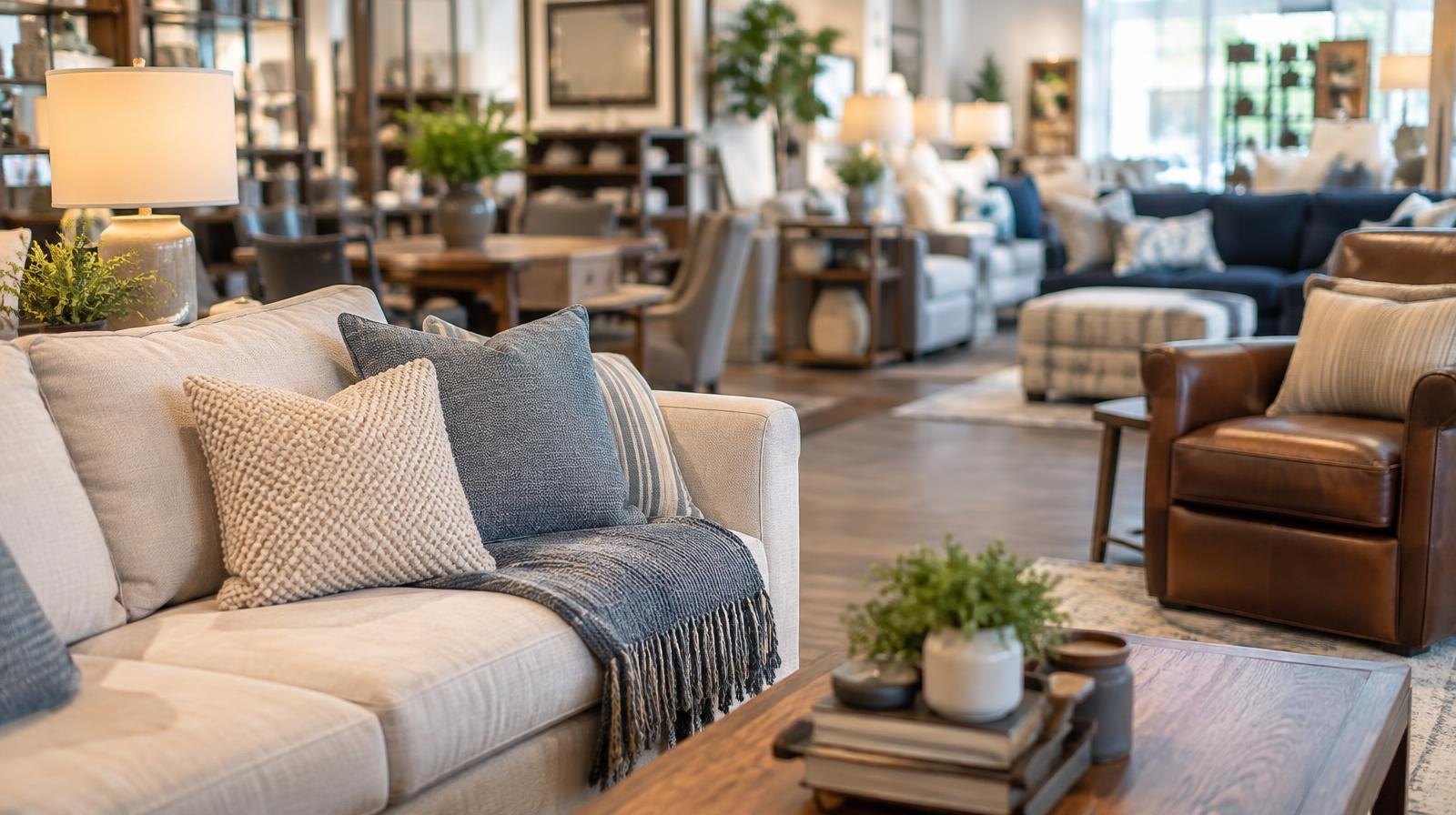 Bright furniture showroom with sofas and armchairs arranged in room displays.