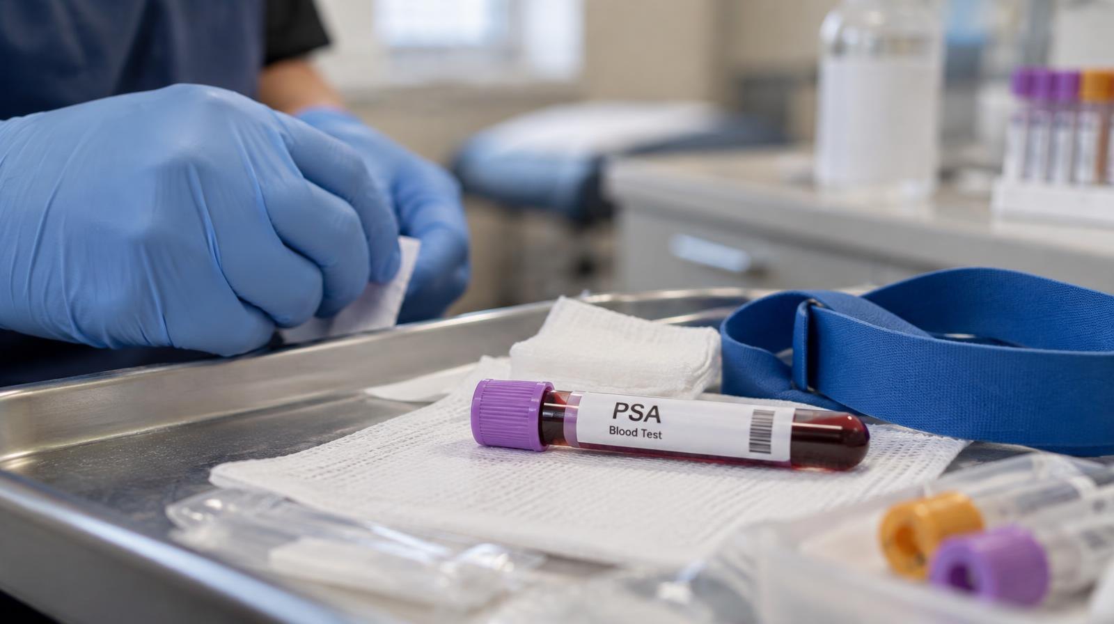 Medical blood draw kit with specimen tube and tourniquet on a clinical tray.