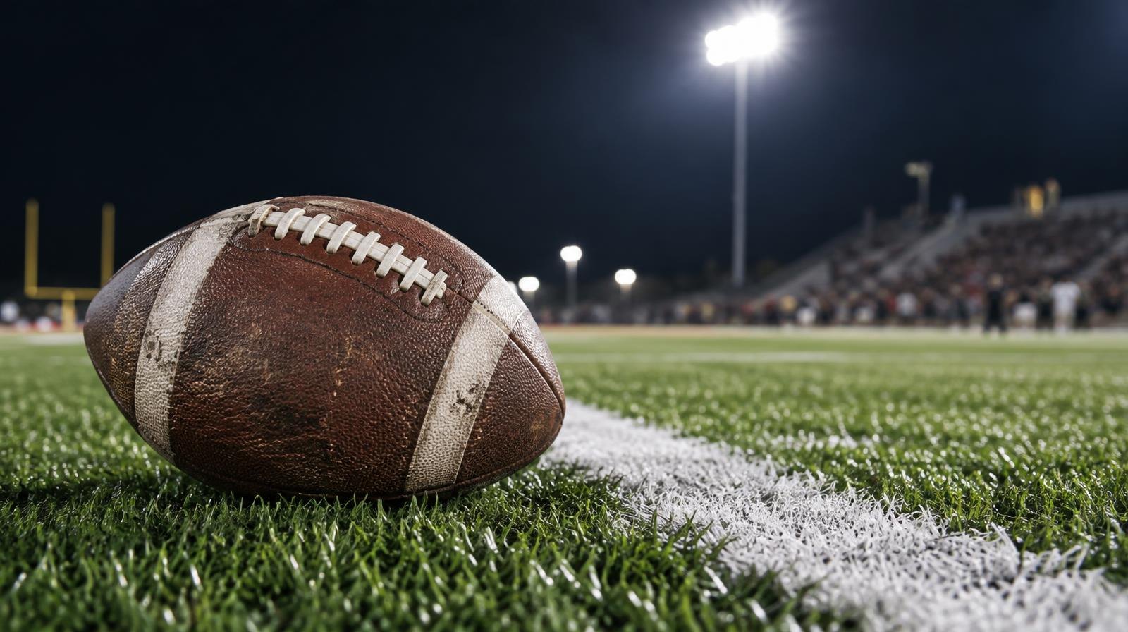 An American football on green artificial turf beside a white yard line under stadium lights.