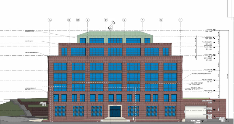 Architectural elevation drawing of a multi-story brick building with a green rooftop penthouse addition.