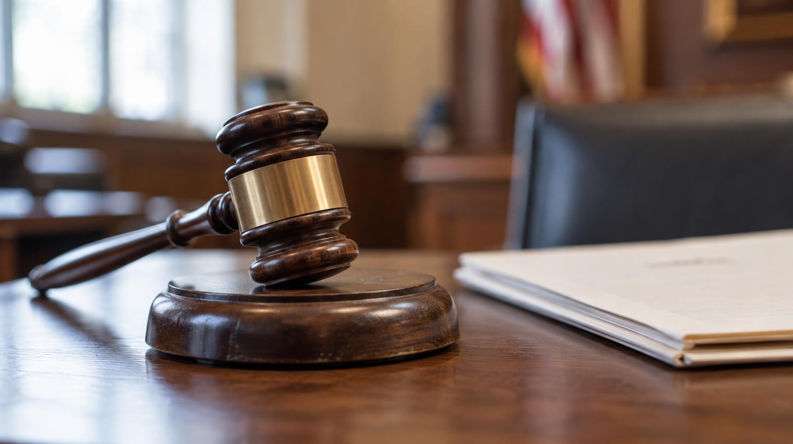 Wooden gavel resting on its sound block next to a folded legal document.