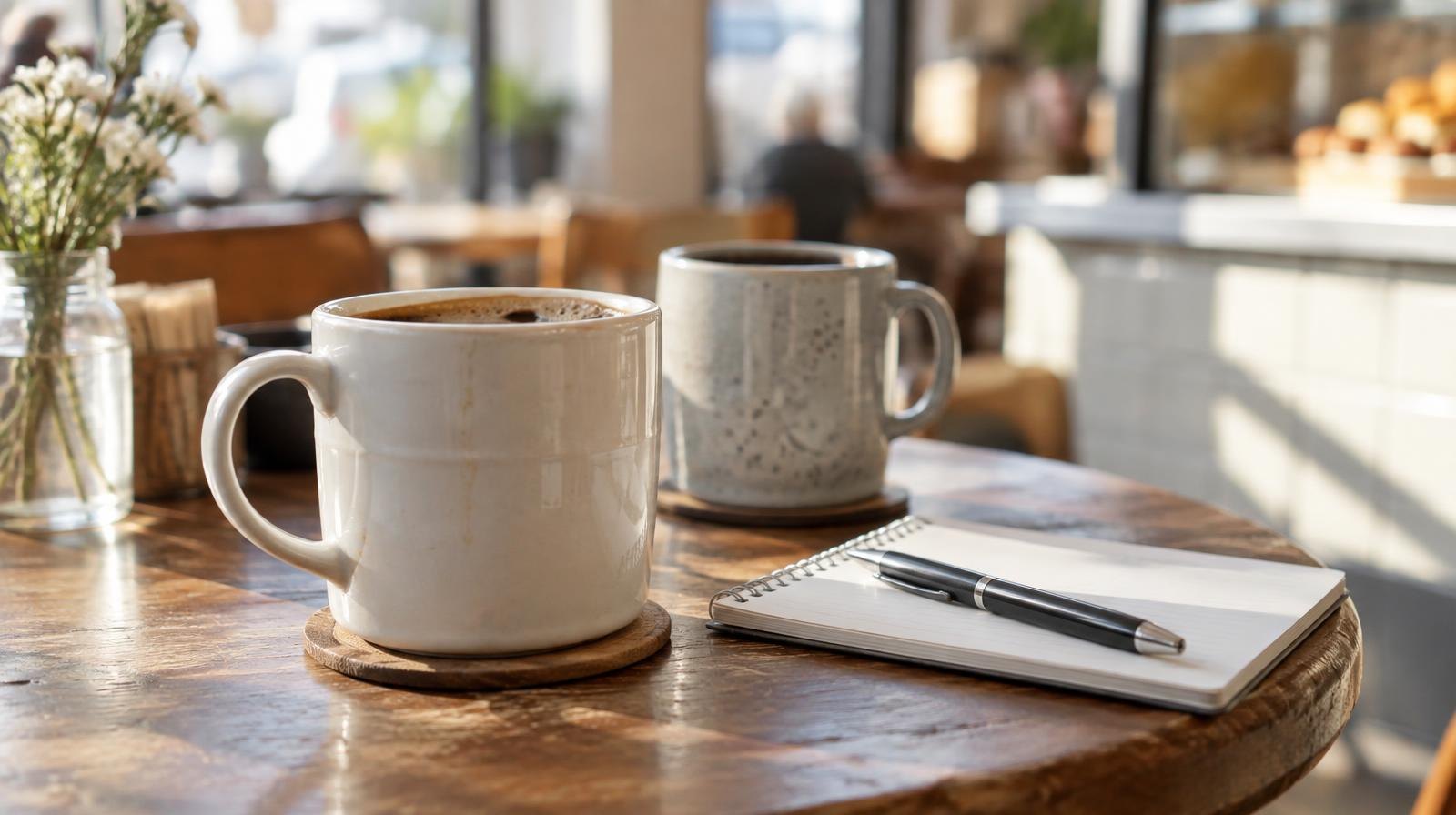 Two ceramic coffee mugs on a small café table with a notepad and pen.