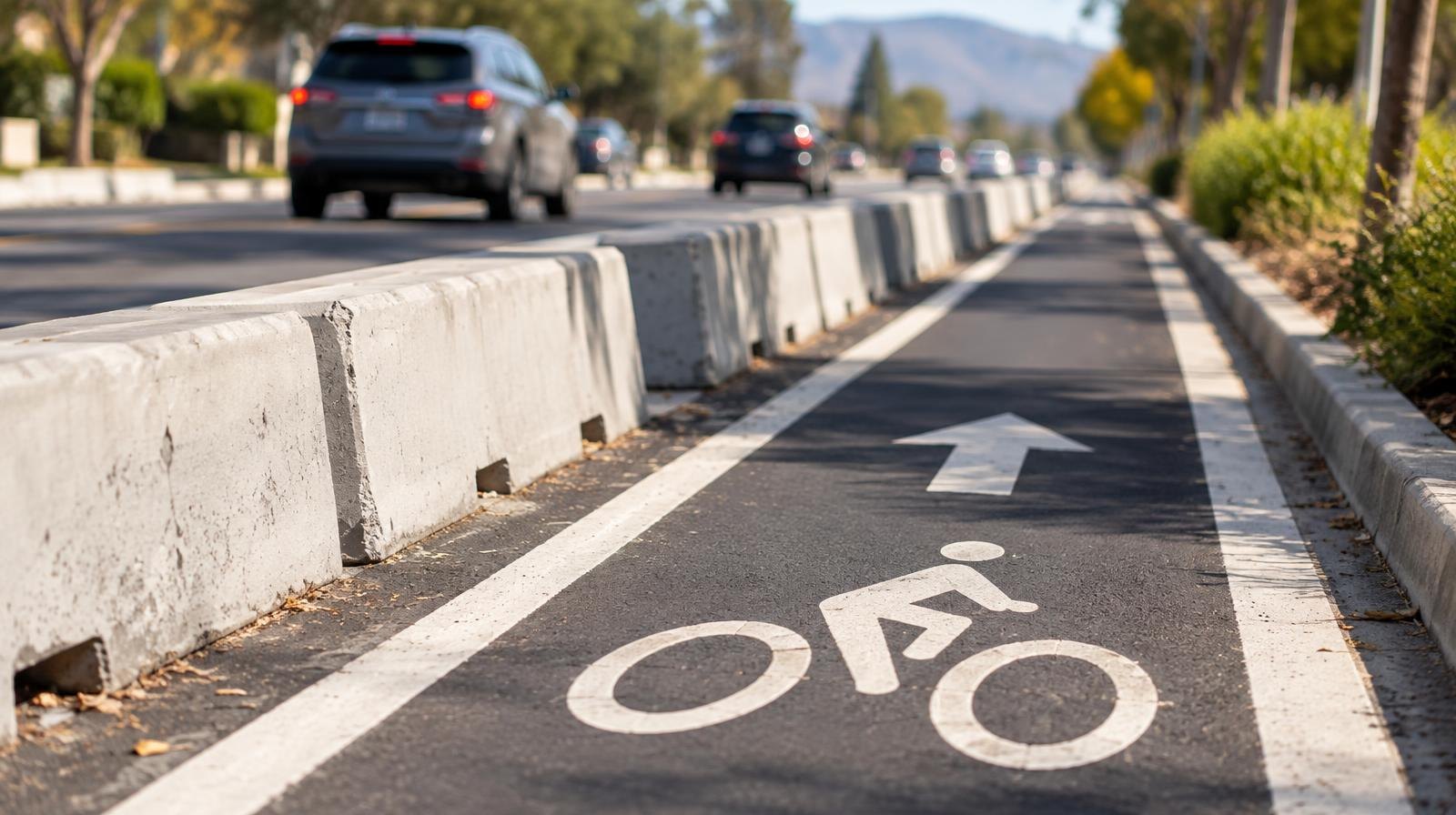 Protected bike lane with concrete dividers and painted markings beside a road.
