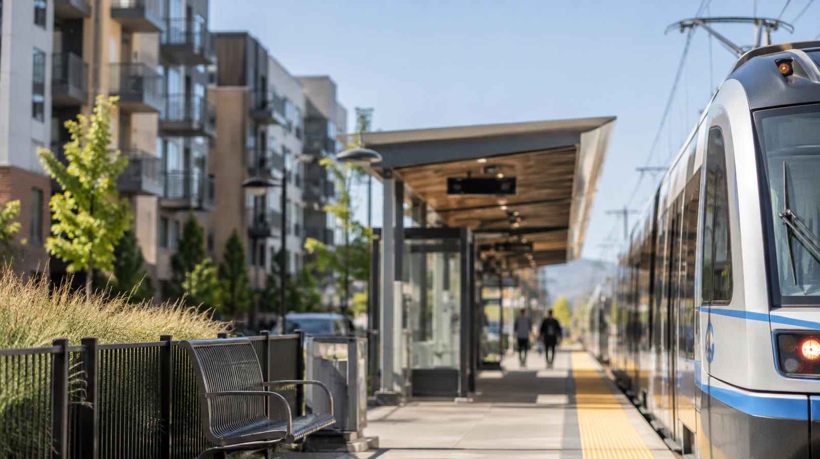 Modern mid-rise apartment buildings with balconies next to a transit station platform.