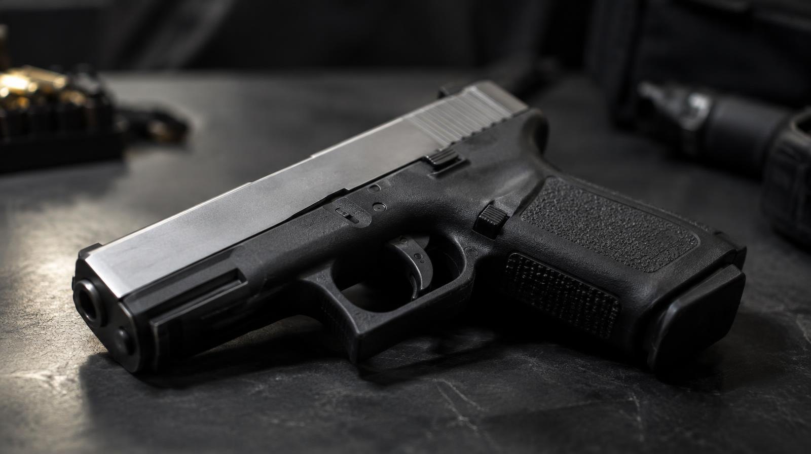 A black and silver semi-automatic handgun resting on a flat surface.