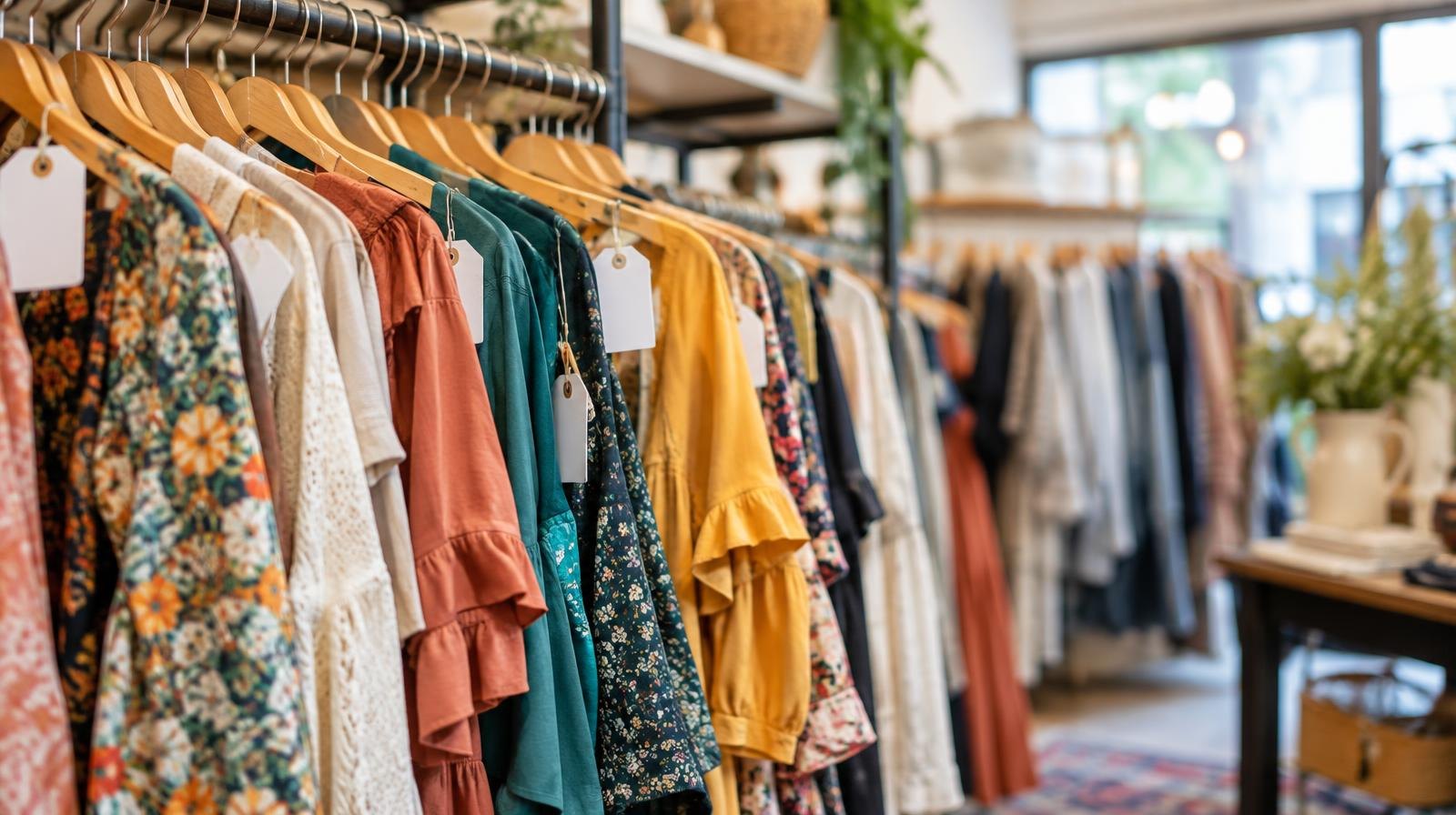 Colorful women's clothing on a rack inside a sunlit boutique.
