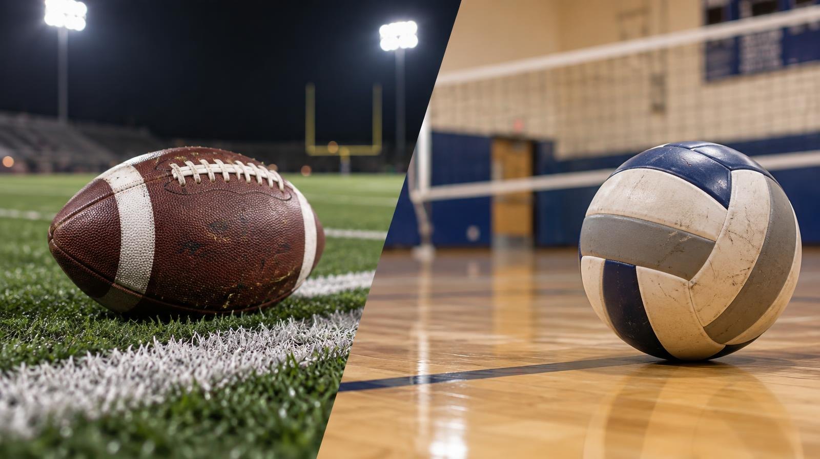 A football on green turf beside a white yard line with a volleyball on a hardwood floor nearby.