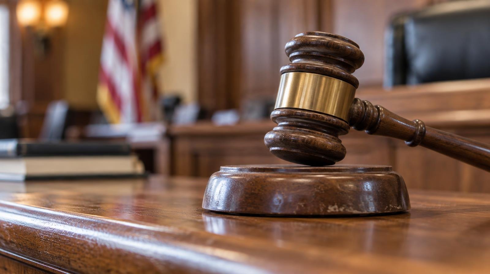 Wooden judge's gavel resting on its sound block on a courtroom bench.
